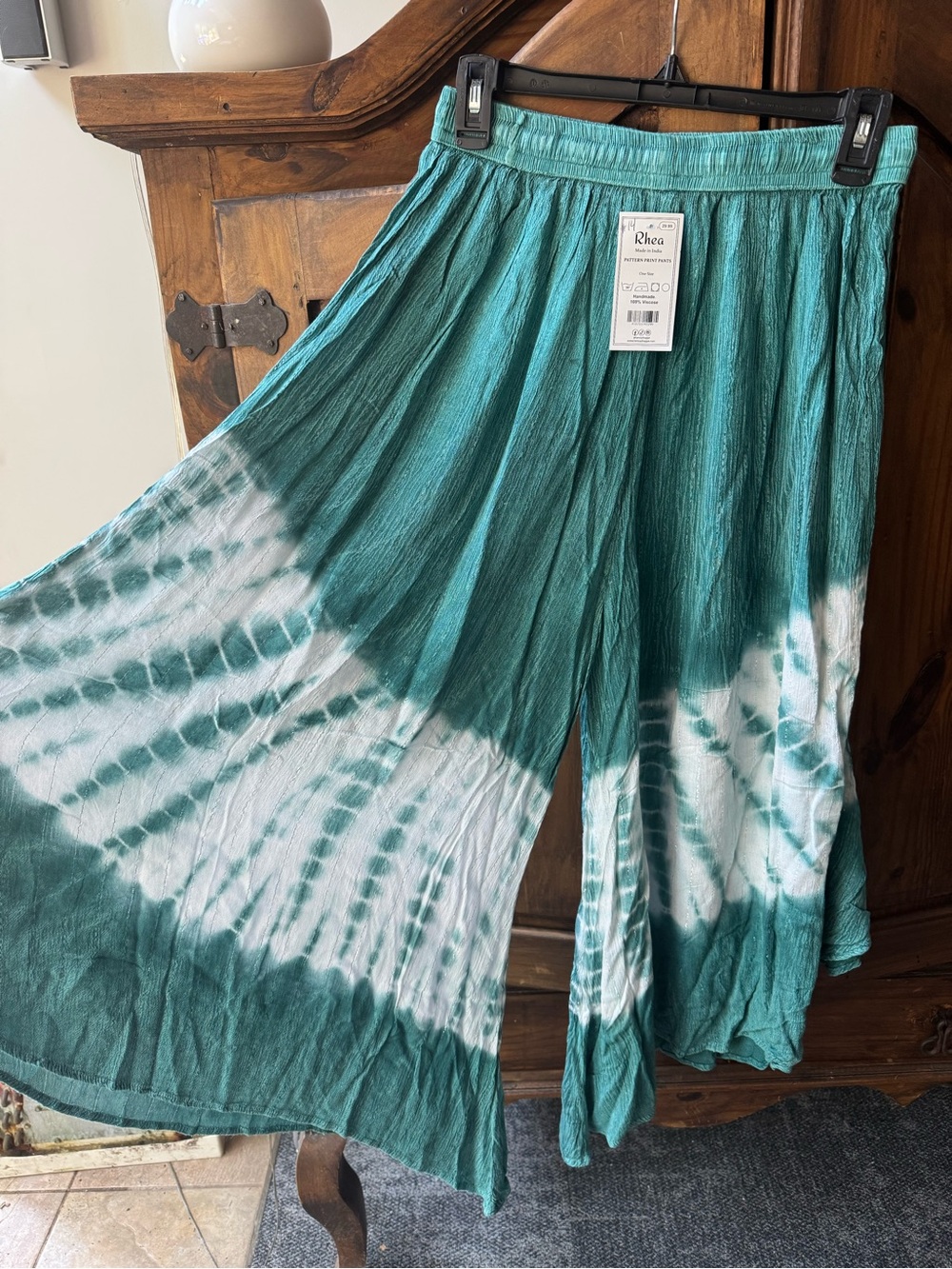 Teal and White bohemian 100% viscose Tie-Dye Wide-Leg Palazzo Pants - Picture 2 of 5